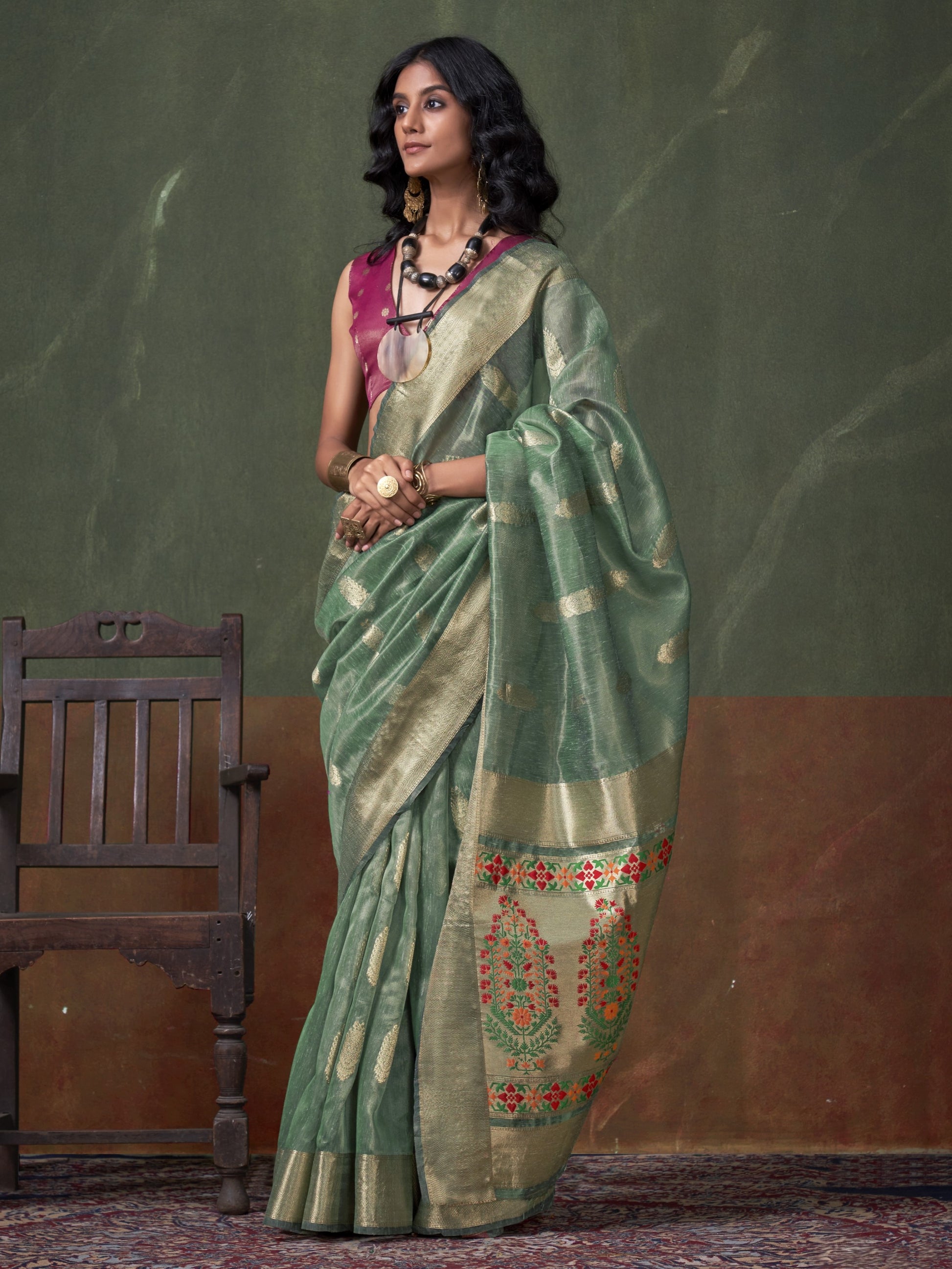 green tissue saree