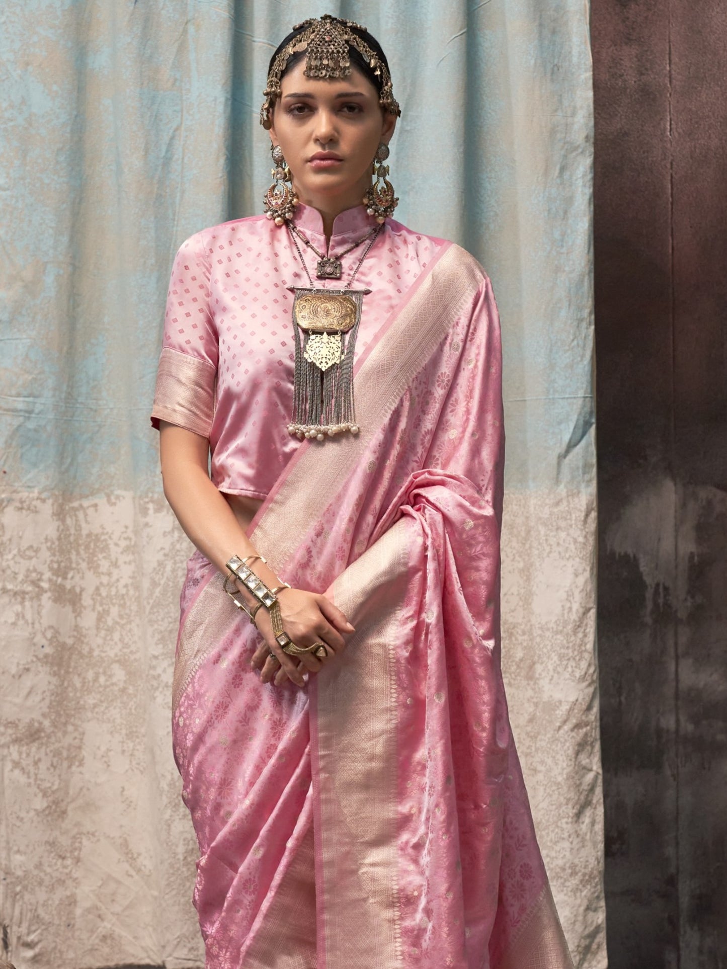 Flamingo Pink Woven Banarasi Satin Silk Saree