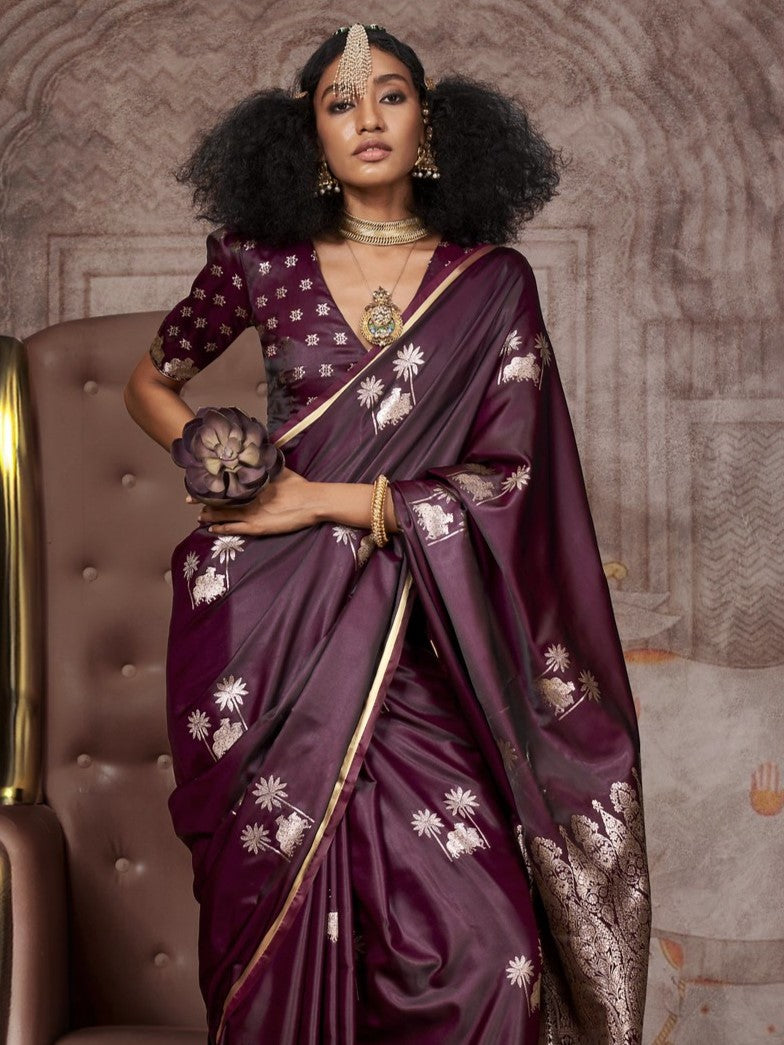 Burgundy Brown Woven Banarasi Satin Silk Saree