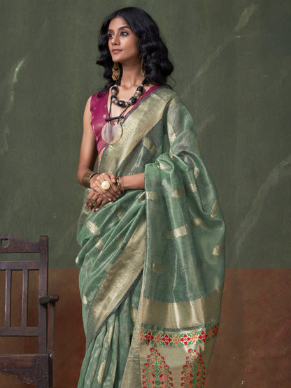 Jade Green Woven Paithani Tissue Silk Saree