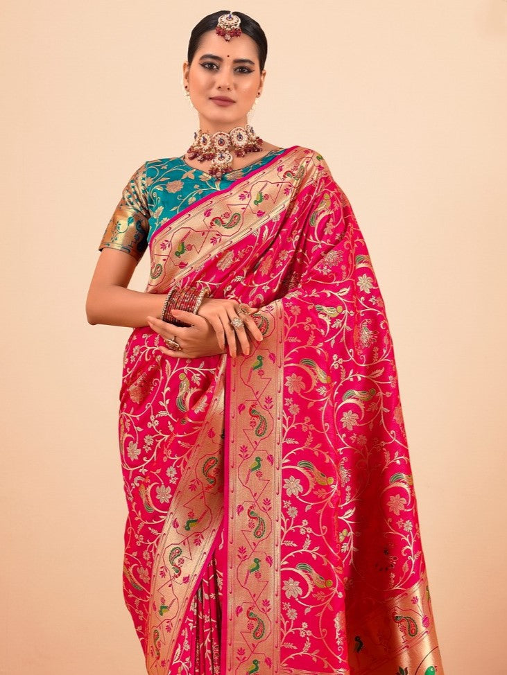 True Red Woven Paithani Silk Saree with Contrast Blouse