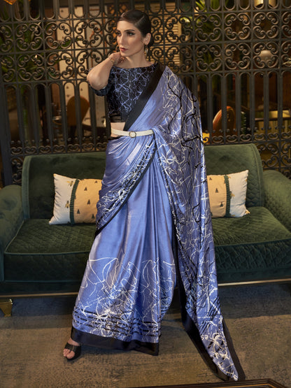 Dusty Blue Satin Silk Printed Saree