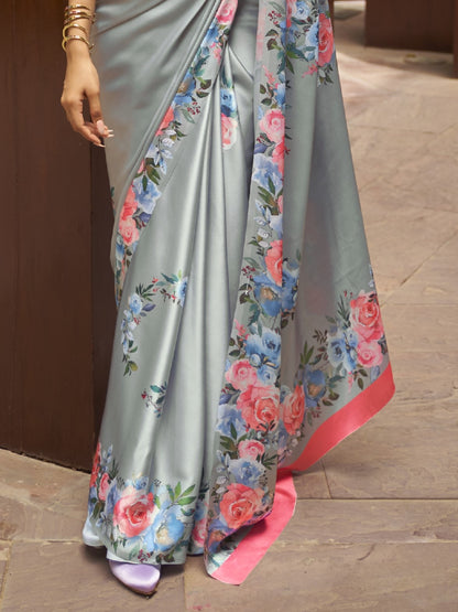 Cool Gray Digital Print Satin Crepe Saree