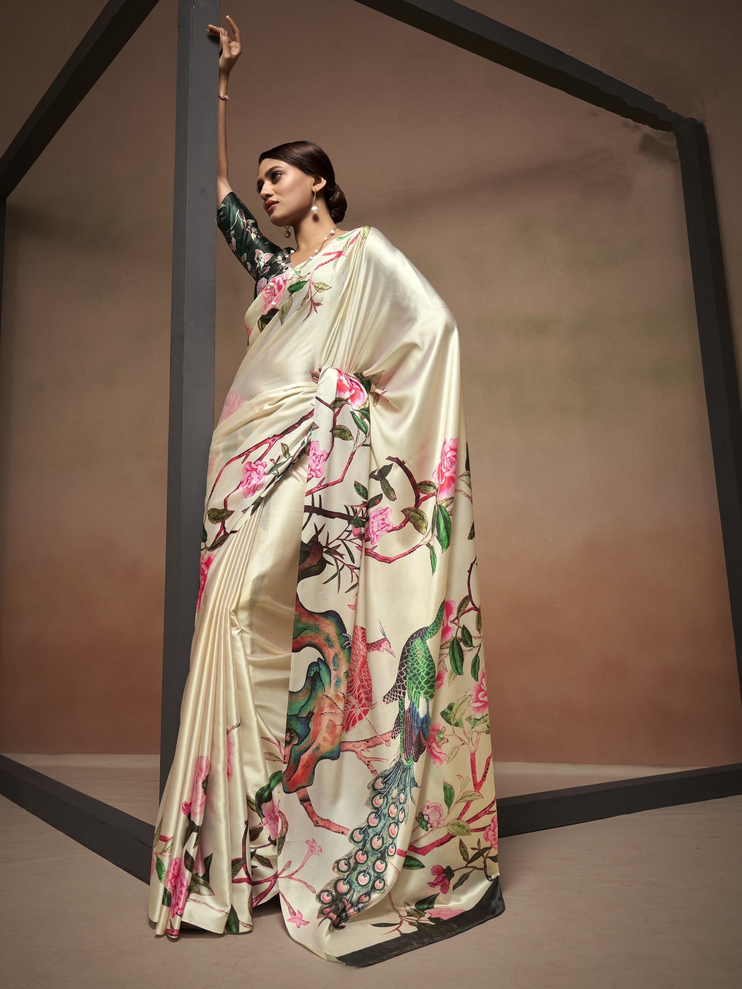 Pearl White Satin Silk Printed Saree