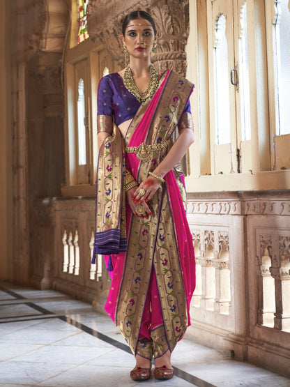 Neon Pink Woven Paithani Saree