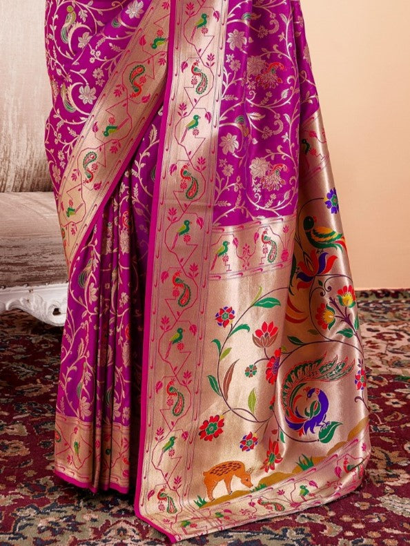 Rani Purple Woven Paithani Silk Saree with Contrast Blouse