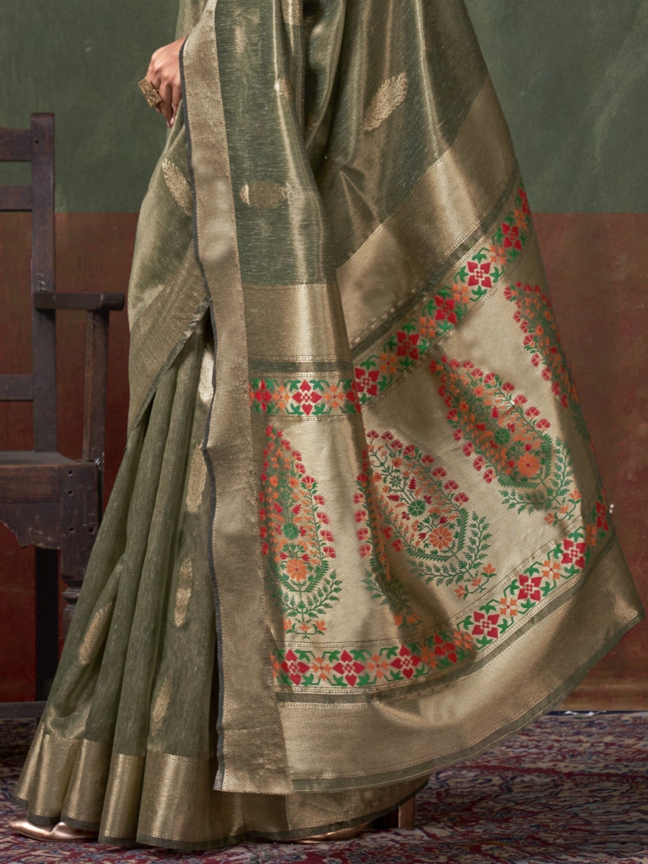 Olive Green Woven Paithani Tissue Silk Saree