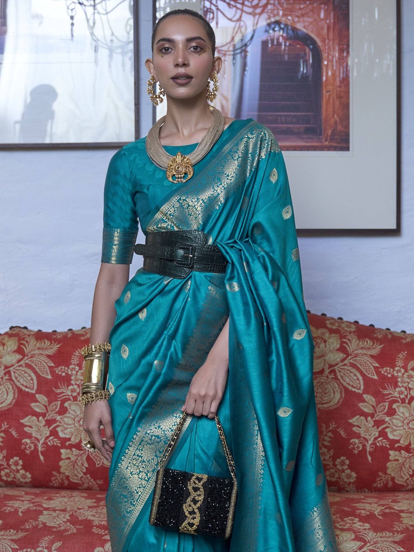 Teal Blue Banarasi Saree