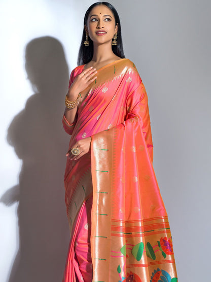 Coral Peach Paithani Saree