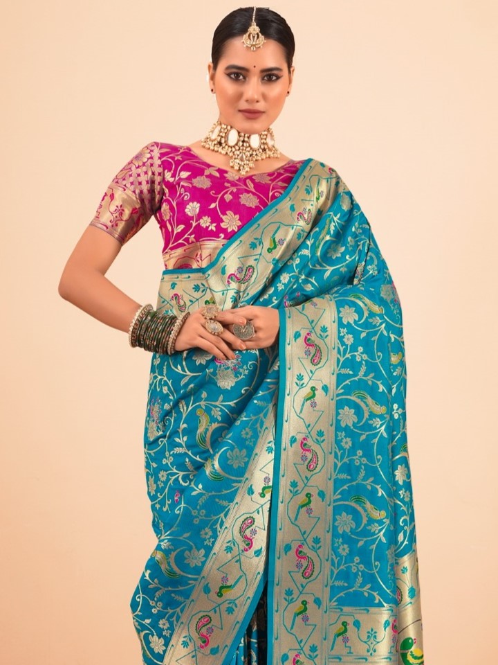 Firozi Blue Woven Paithani Silk Saree with Contrast Blouse