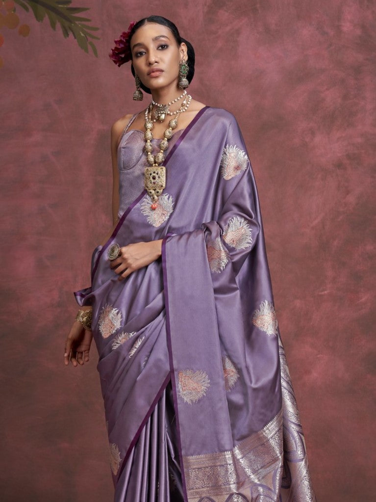 Faded Purple Woven Banarasi Satin Silk Saree