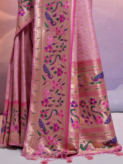 Baby Pink Woven Paithani Silk Saree