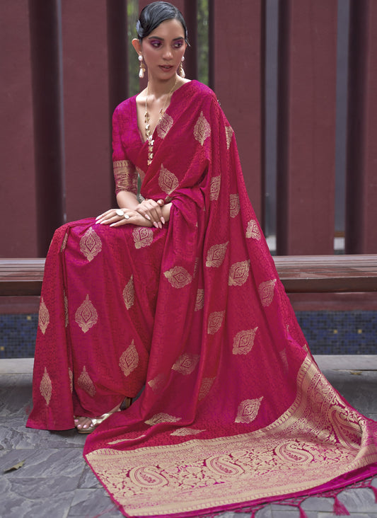 Cherry red satin silk benarasi sarees