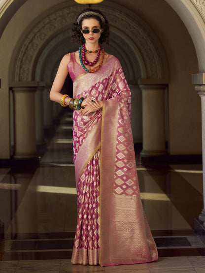 Thulian Pink Zari Woven Tissue Silk Saree