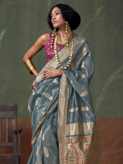 Ash Gray Woven Paithani Tissue Silk Saree