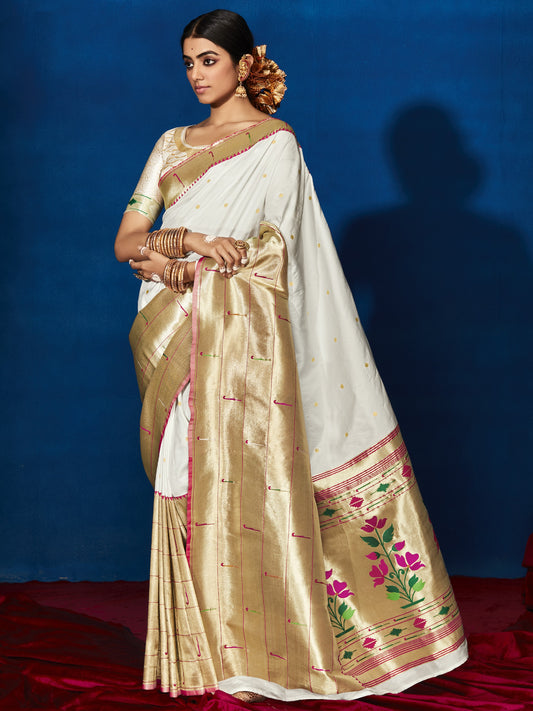 Feather White Paithani Saree