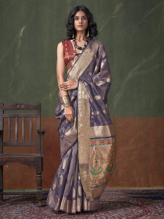 Unique Purple Woven Paithani Tissue Silk Saree