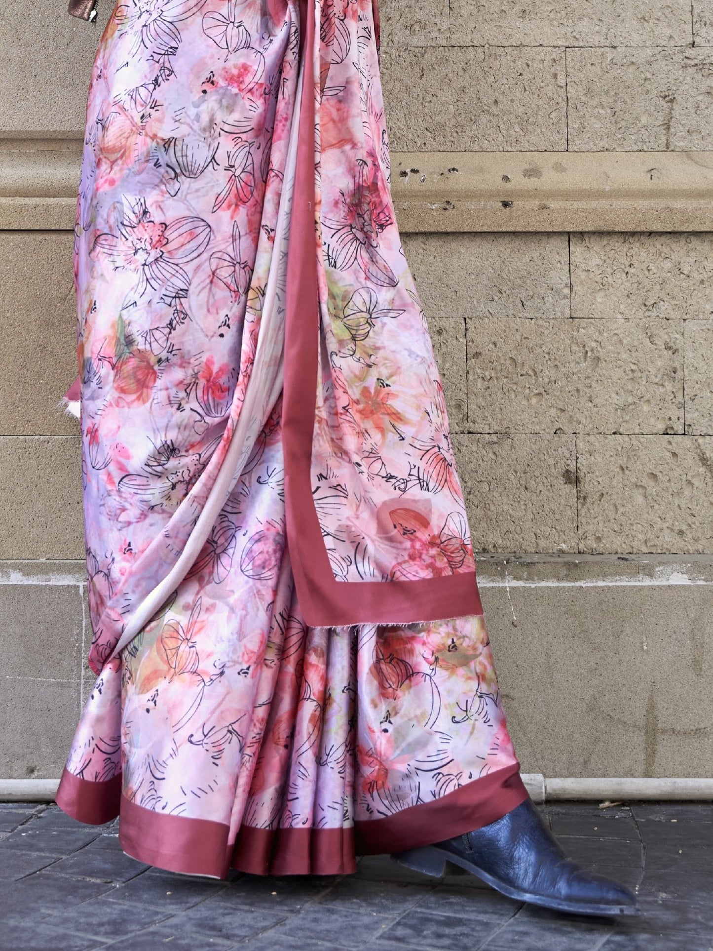 Pretty Pink Satin Crepe Printed Saree