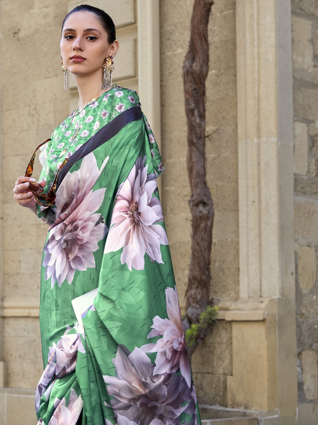 Floral Green Satin Crepe Printed Saree