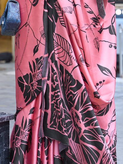 Persian Pink Satin Crepe Print Saree