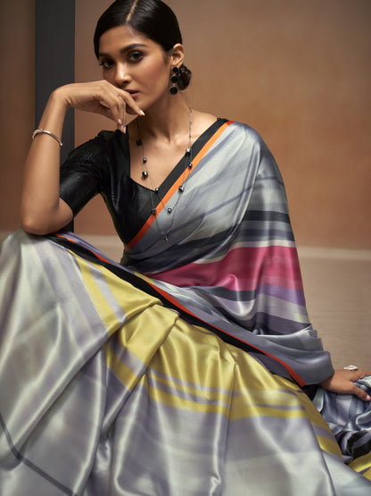 Fog Gray Satin Silk Printed Saree