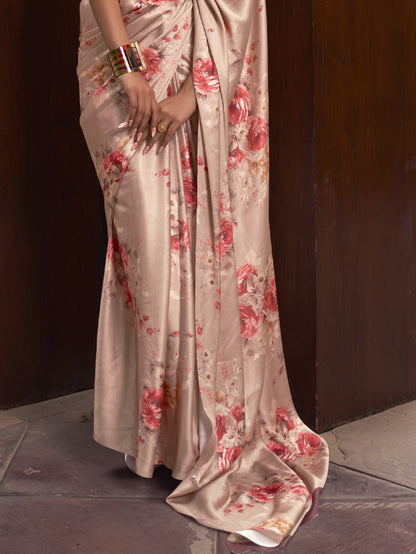 Sandy Tan Digital Print Satin Crepe Saree