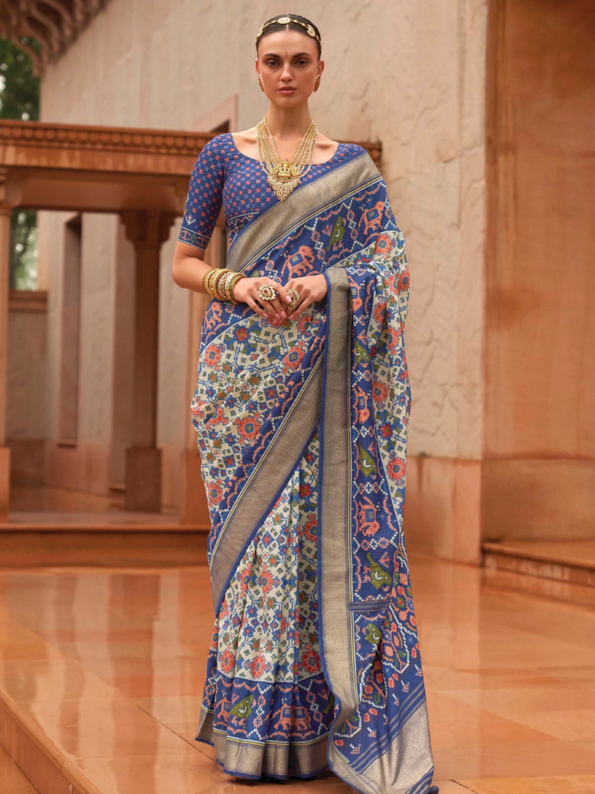 White and Blue Patola Saree