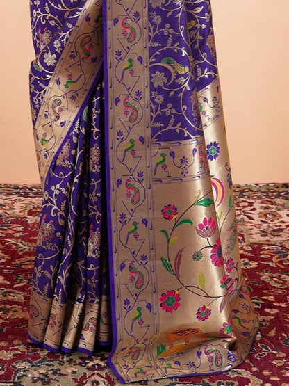 Royal Purple Woven Paithani Silk Saree with Contrast Blouse