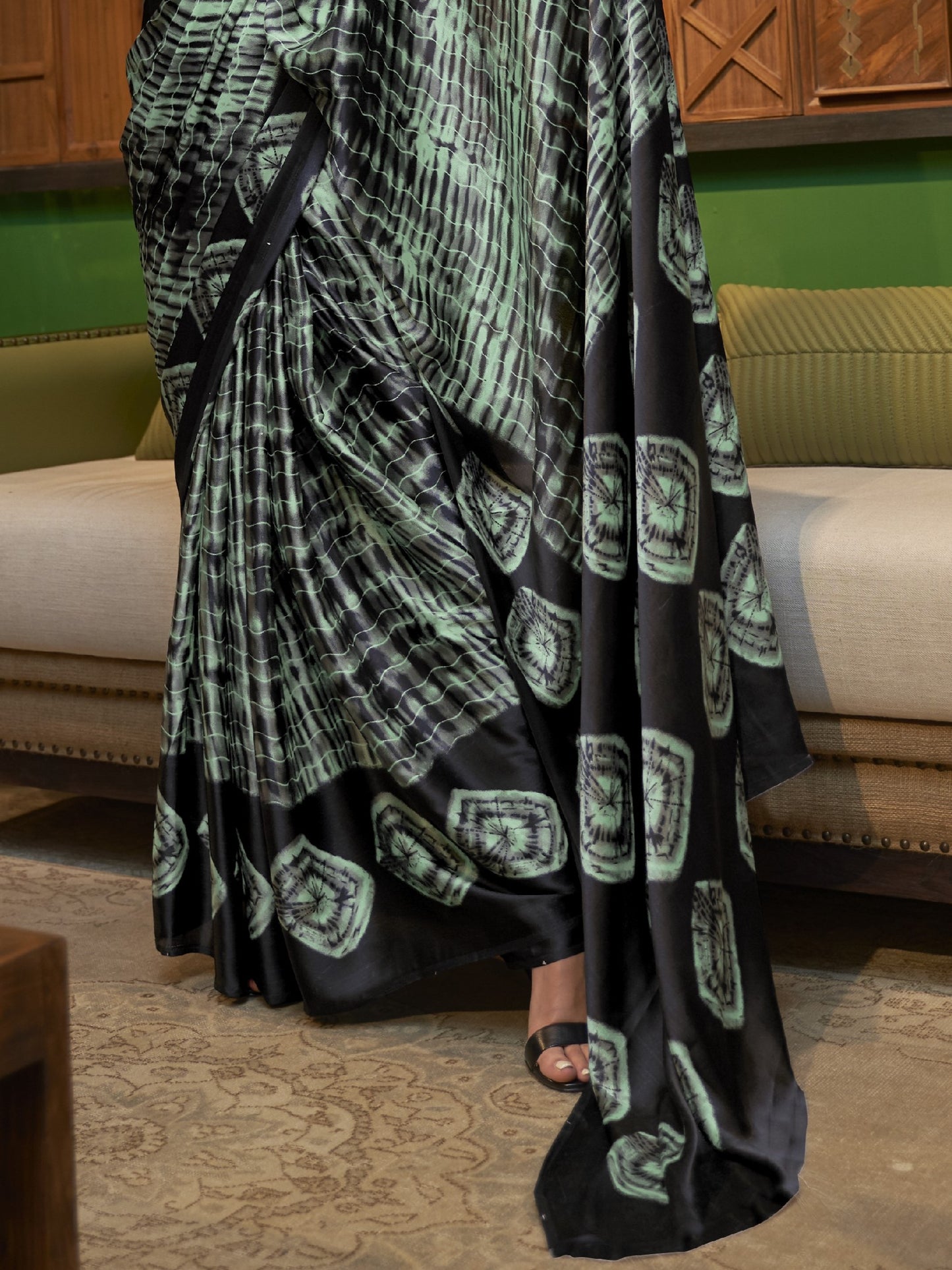 Green & Black Satin Silk Printed Saree