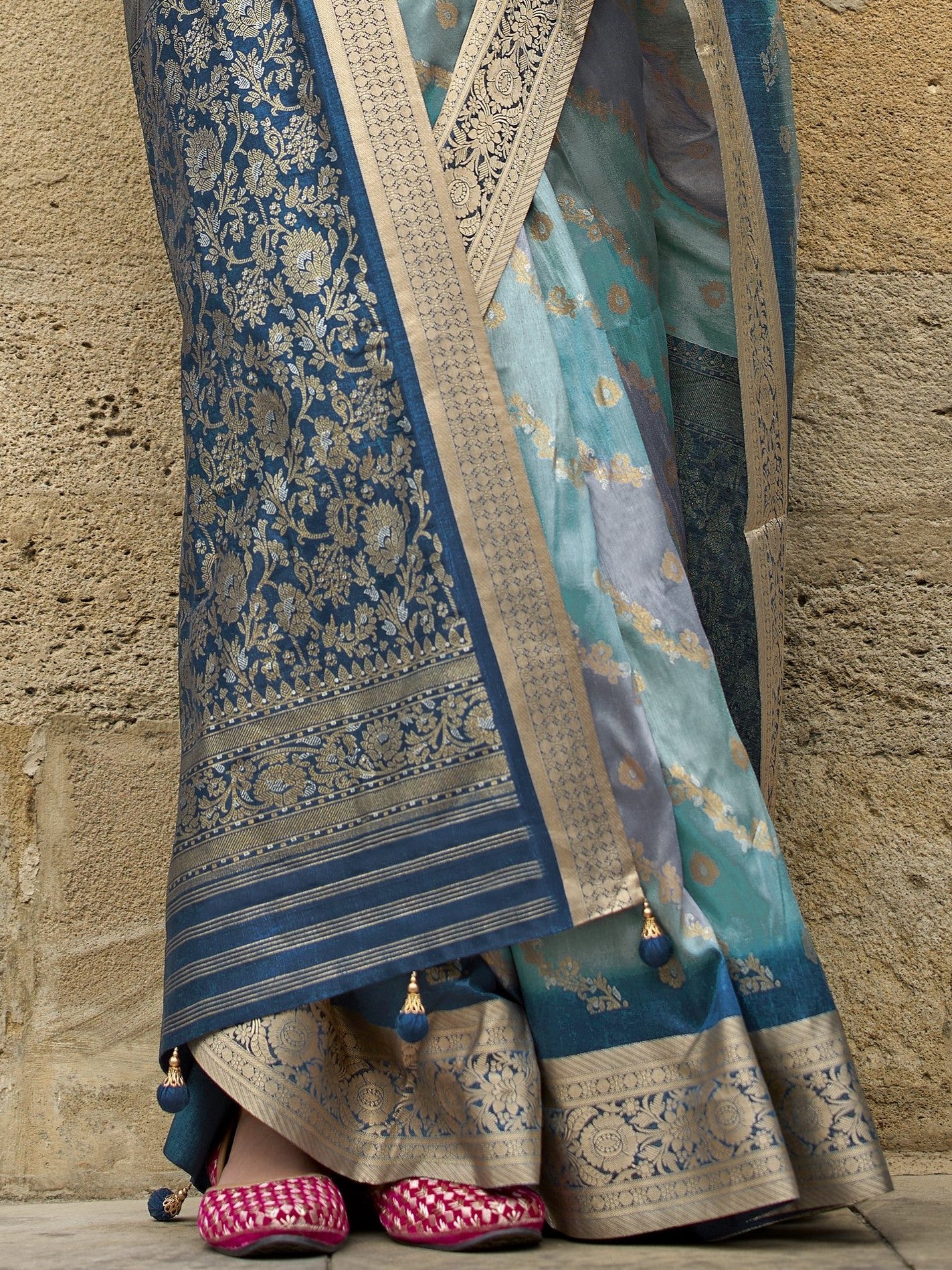 Steel Blue with Multicolor Banarasi Print Soft Silk Saree