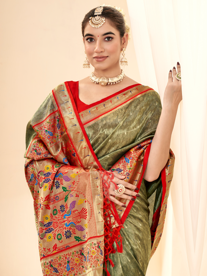 Olive Green Woven Paithani Tissue Silk Saree