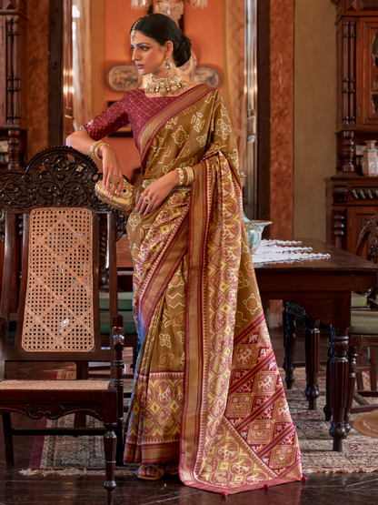 Caramel Brown Woven Patola Tussar Silk Saree