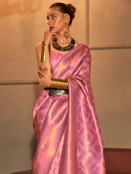 Crayola Pink Woven Kanjivaram Silk Saree