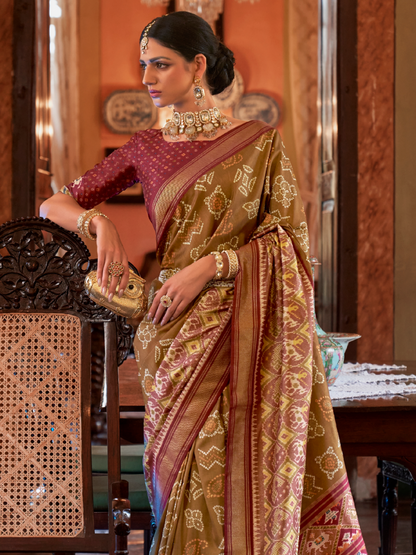 Caramel Brown Woven Patola Tussar Silk Saree