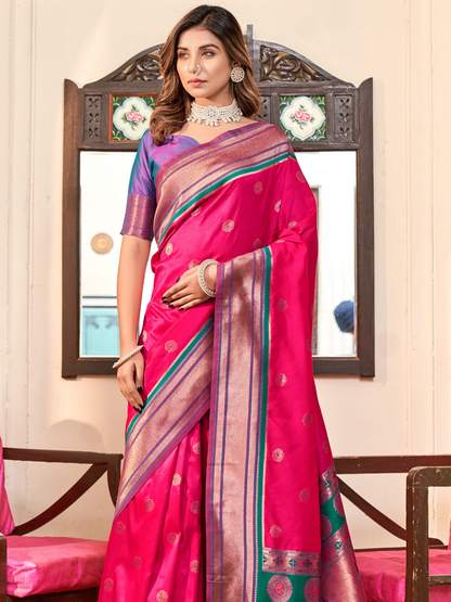 Bright Pink Woven Soft Silk Paithani Saree