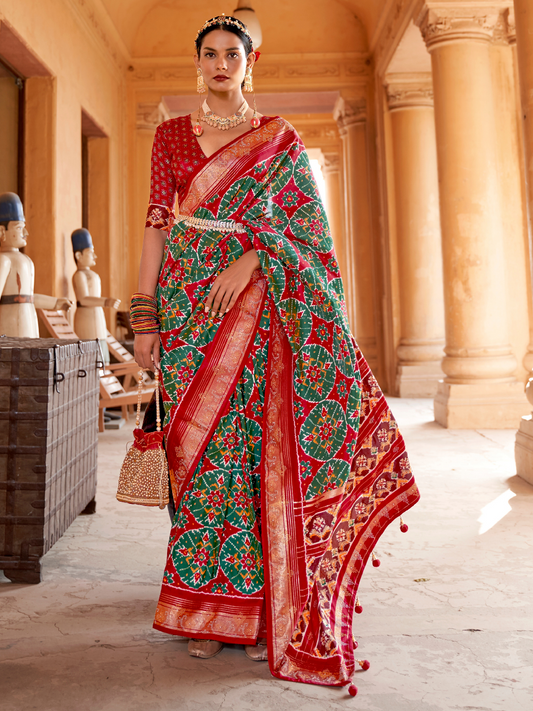 Green and Red Patola Silk Saree