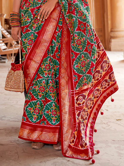 Green and Red Patola Silk Saree