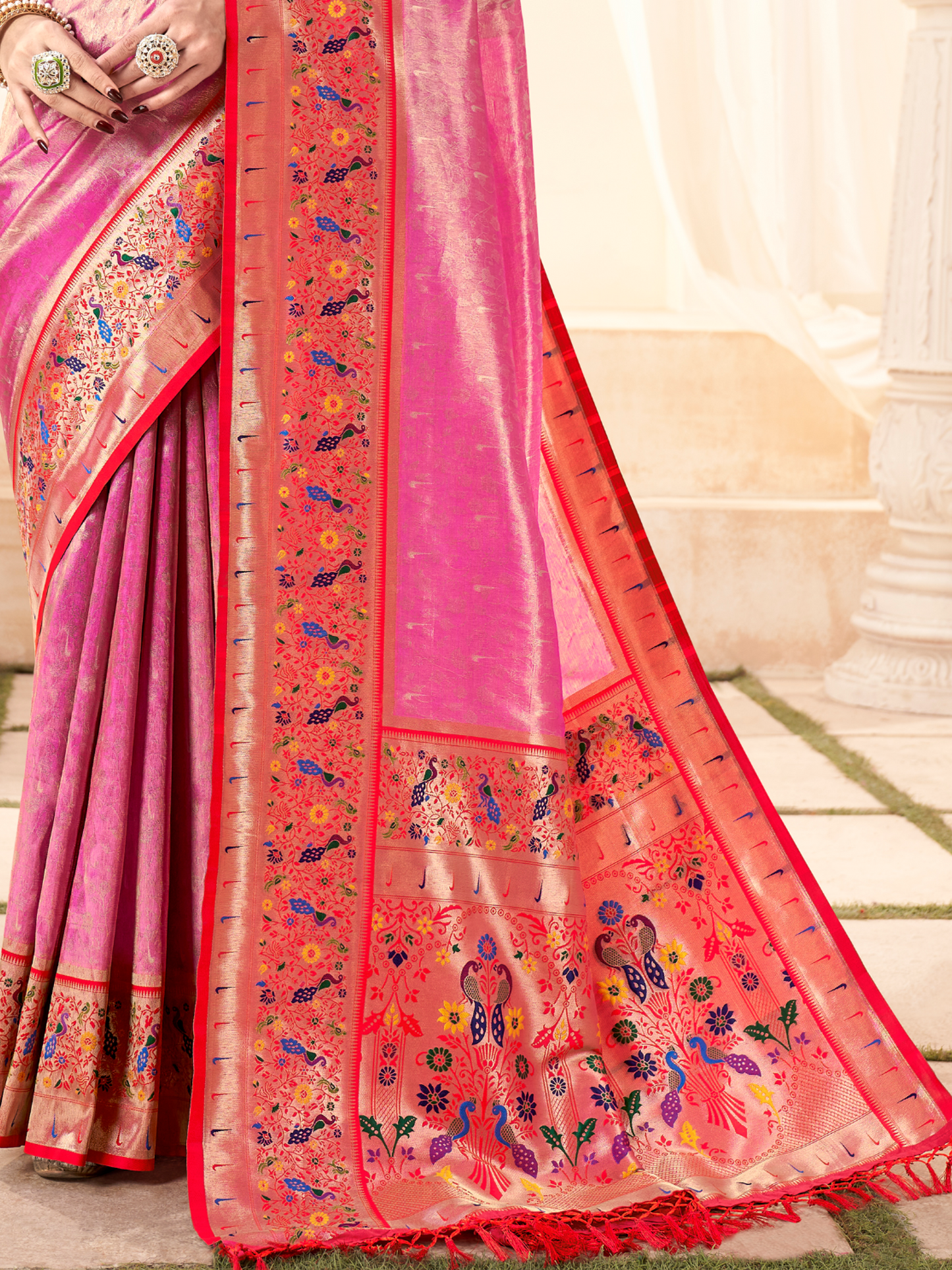 Strawberry Pink Woven Paithani Tissue Silk Saree