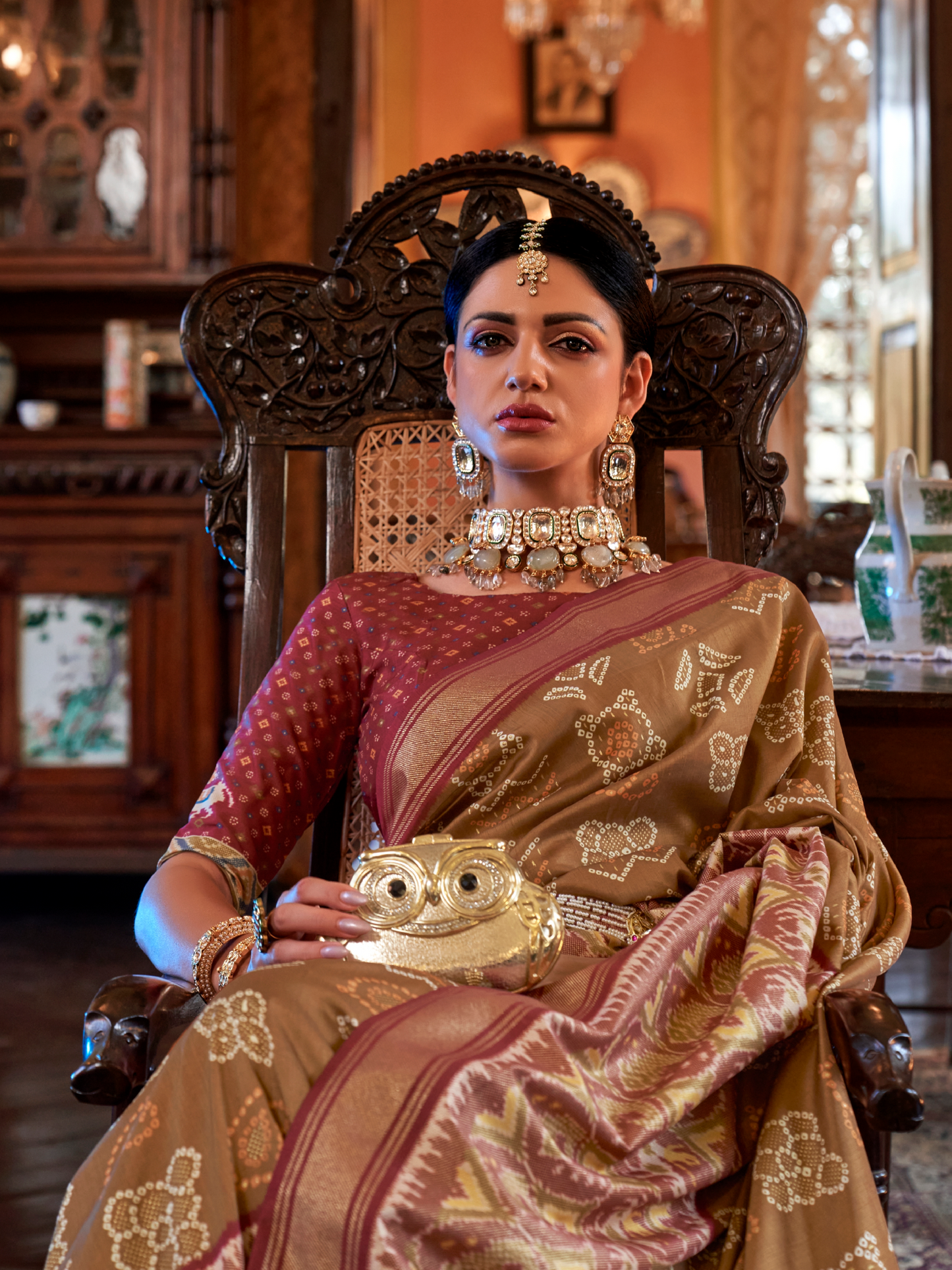 Caramel Brown Woven Patola Tussar Silk Saree