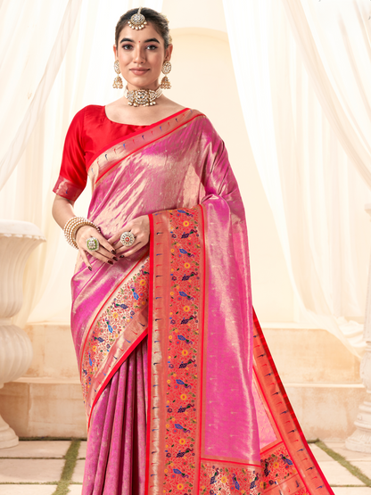 Strawberry Pink Woven Paithani Tissue Silk Saree