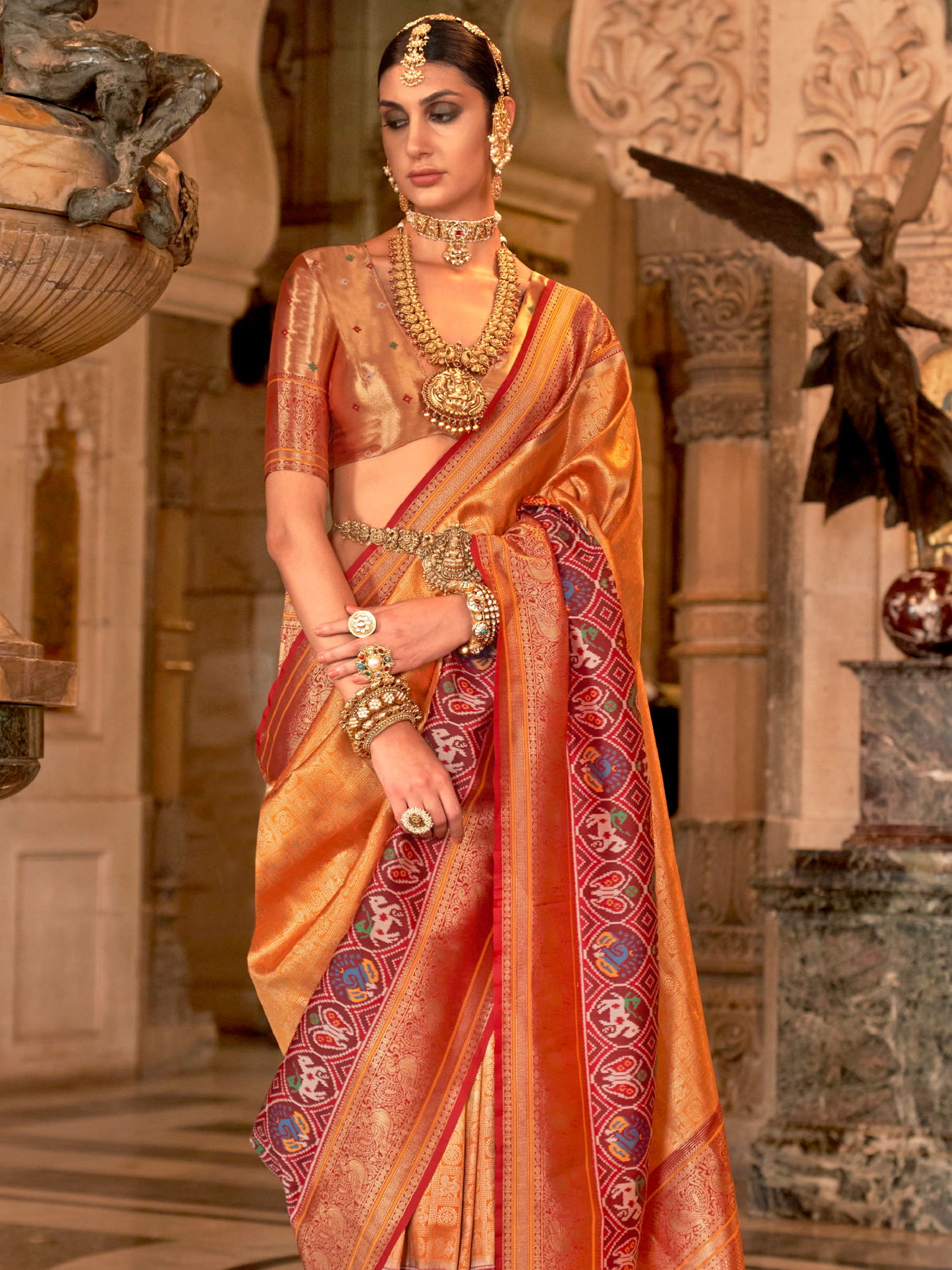 Bright Orange Woven Kanjivaram Patola Silk Saree