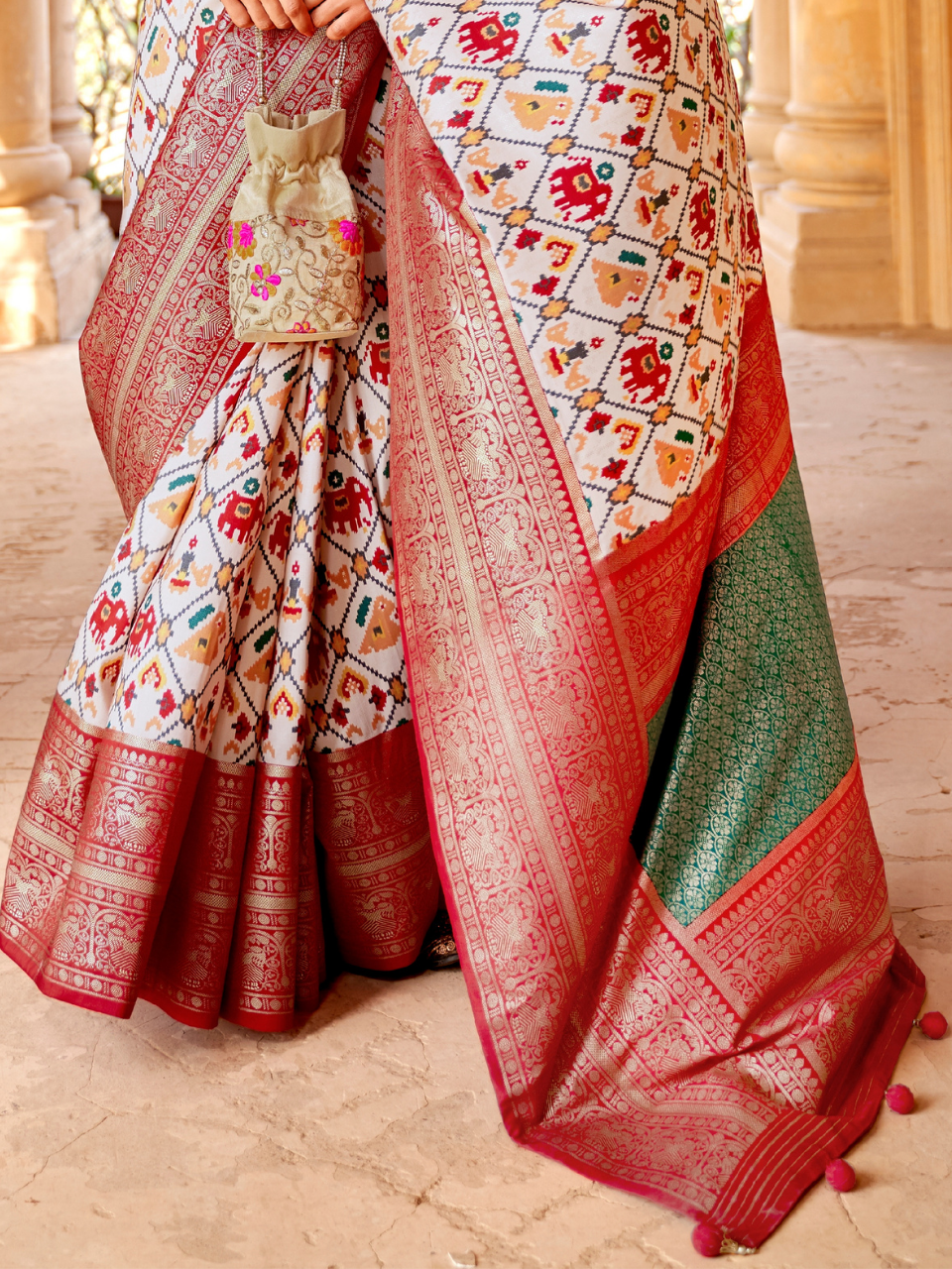 Antique White Patola Silk Saree