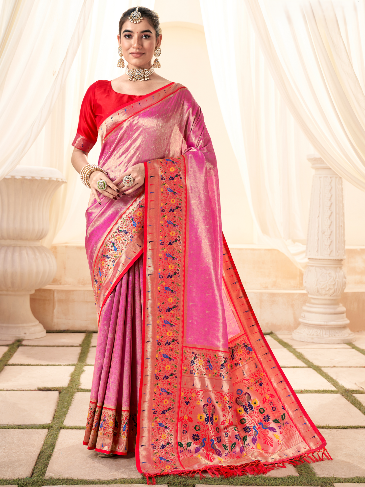 Strawberry Pink Woven Paithani Tissue Silk Saree