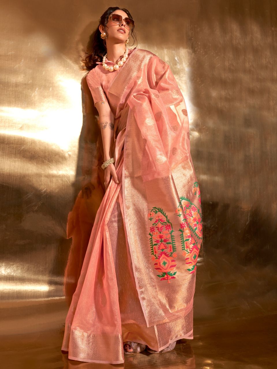 Charming Peach Woven Paithani Tissue Silk Saree