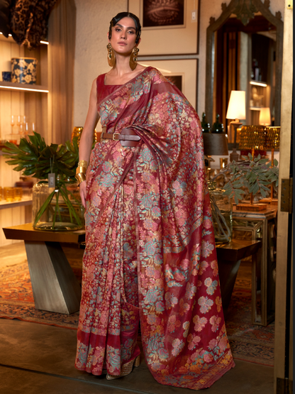 Sangria Red Woven Kashmiri Silk Saree