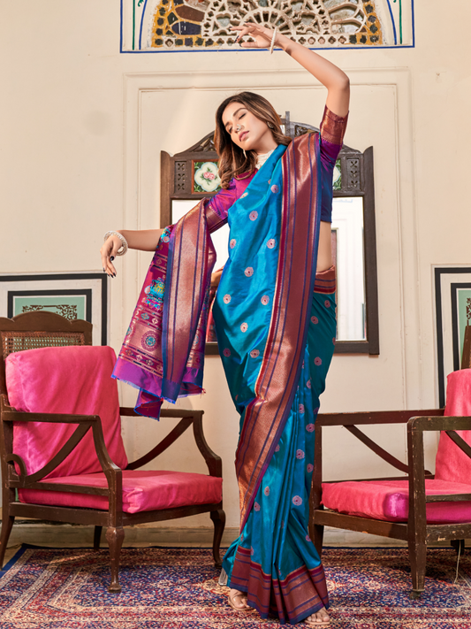 Azure Blue Woven Soft Silk Paithani Saree