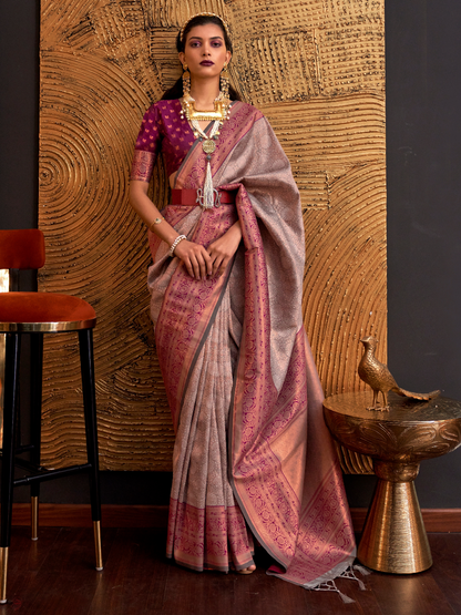 Ash Gray Woven Banarasi Silk Saree