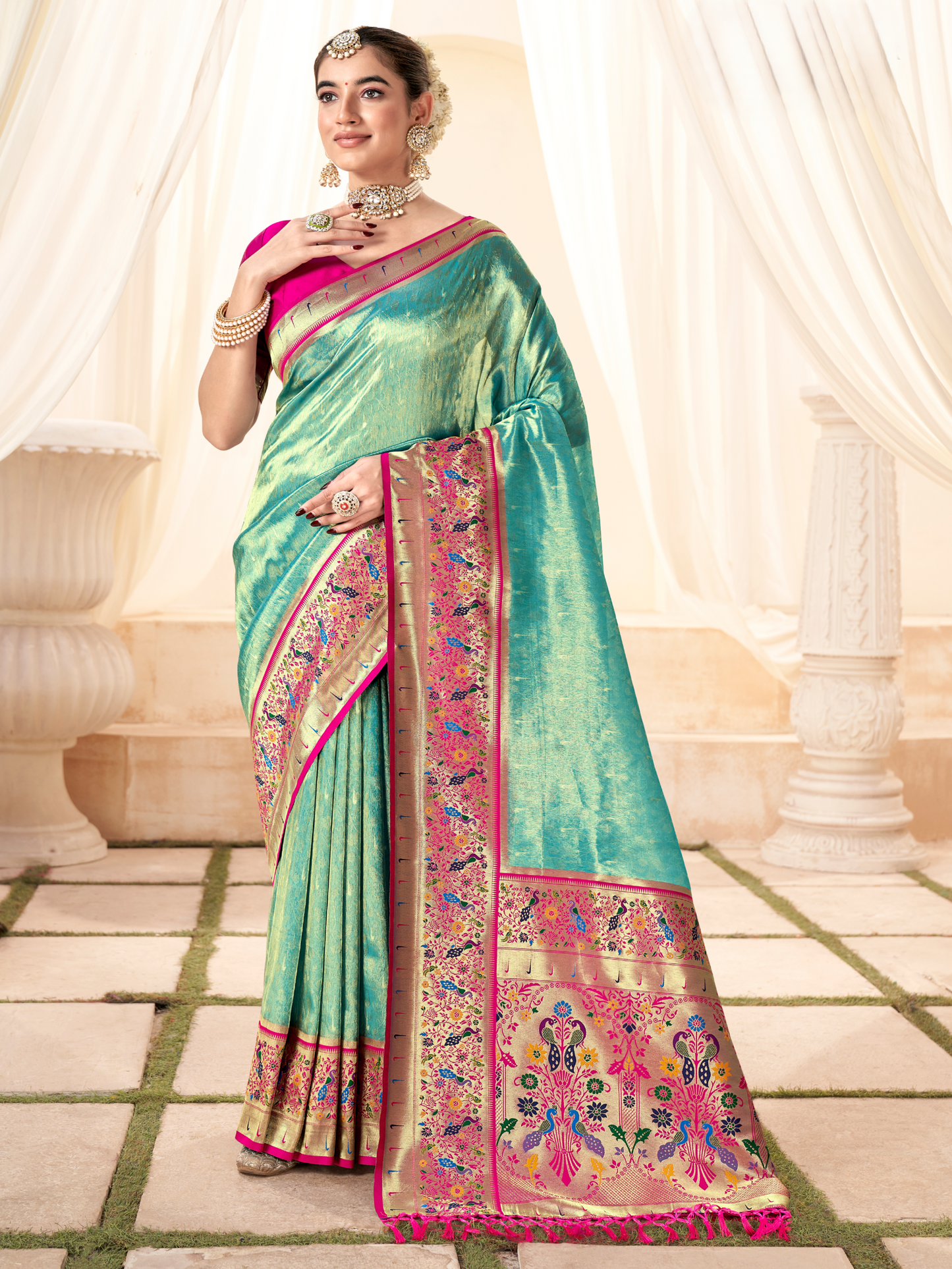 Teal Green Woven Paithani Tissue Silk Saree