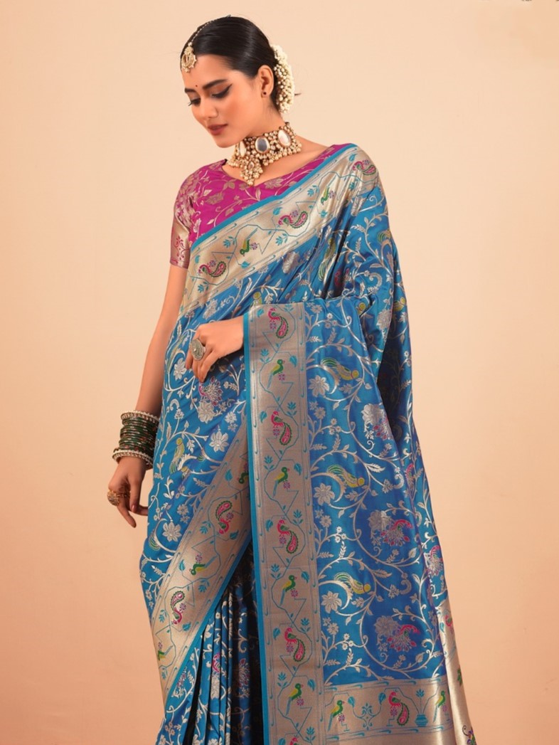 Cobalt Blue Woven Paithani Silk Saree with Contrast Blouse