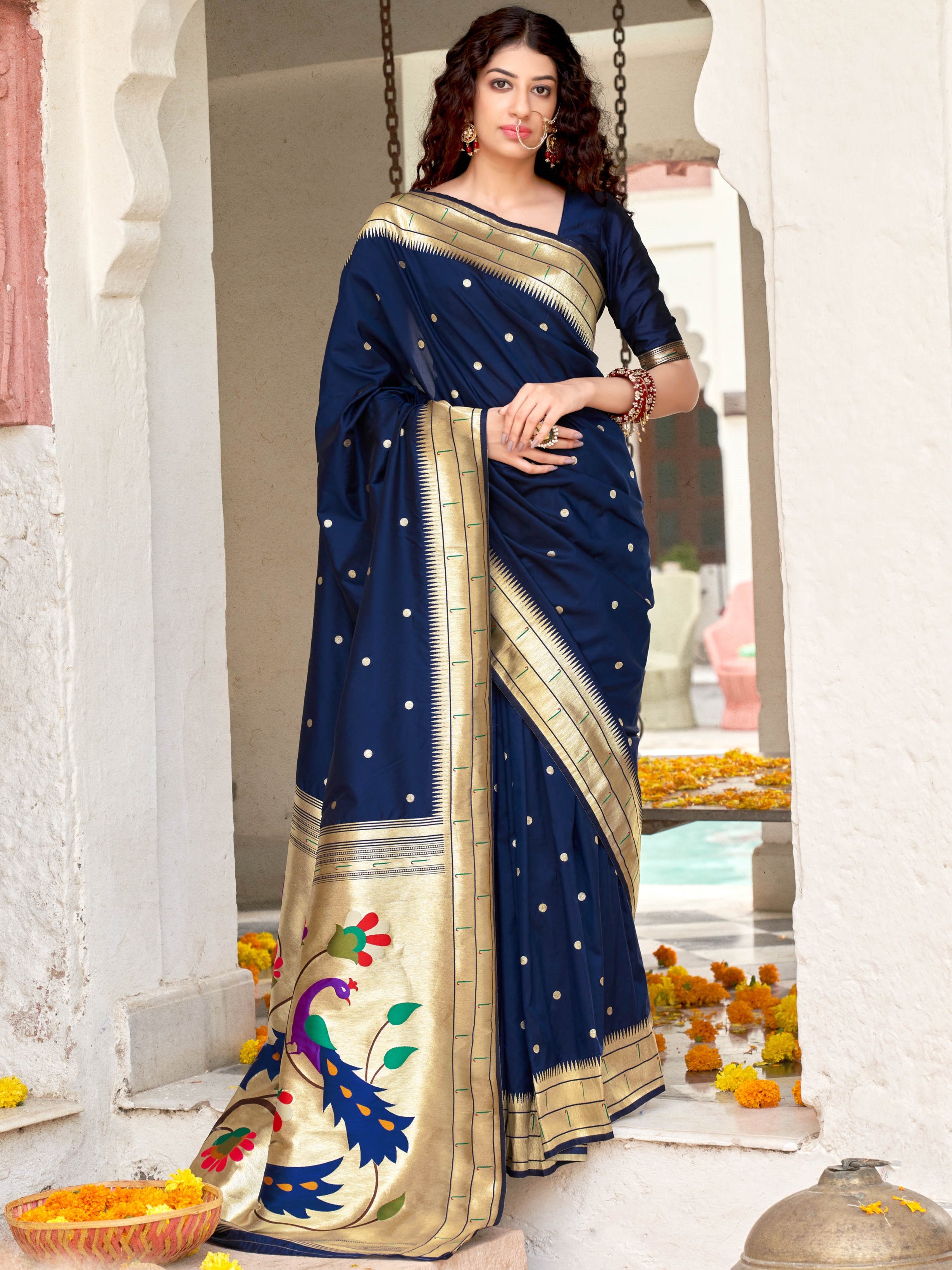 Aishwarya Navy Blue: Soft Silk Woven Peacock Border Paithani Saree –  Varkala Silk Saree